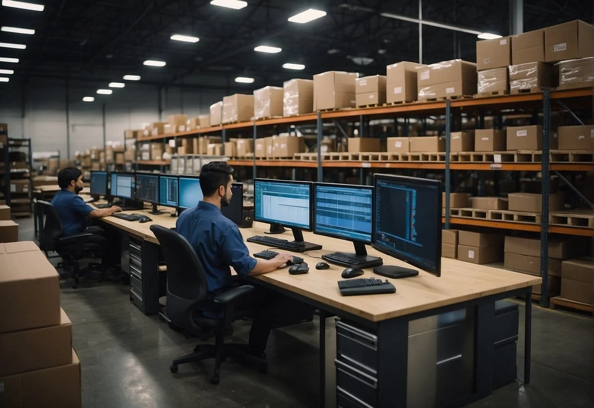 A busy warehouse with shelves stocked with products, a computer screen displaying inventory levels, and workers using inventory management software