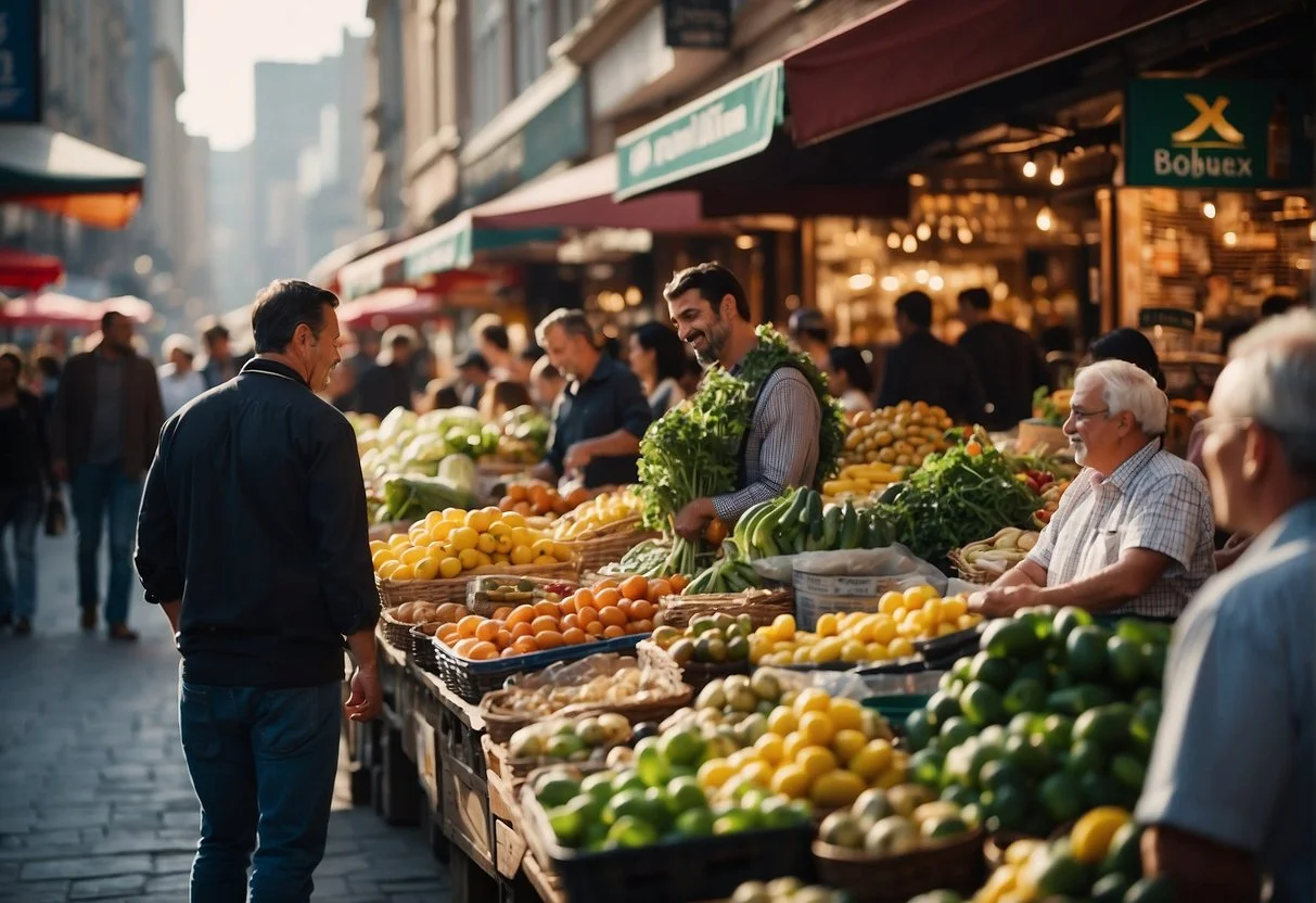 A bustling marketplace with various businesses interacting, exchanging goods and services. The atmosphere is dynamic and vibrant, with a mix of negotiations and transactions taking place