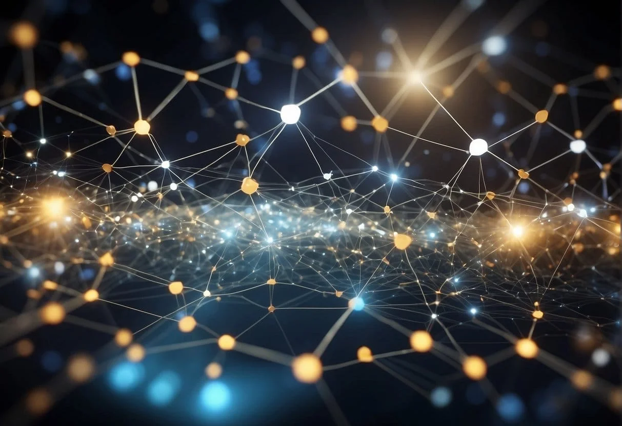 A network of interconnected data sources feeding into a central hub, with algorithms processing and attributing credit to various touchpoints along the customer journey