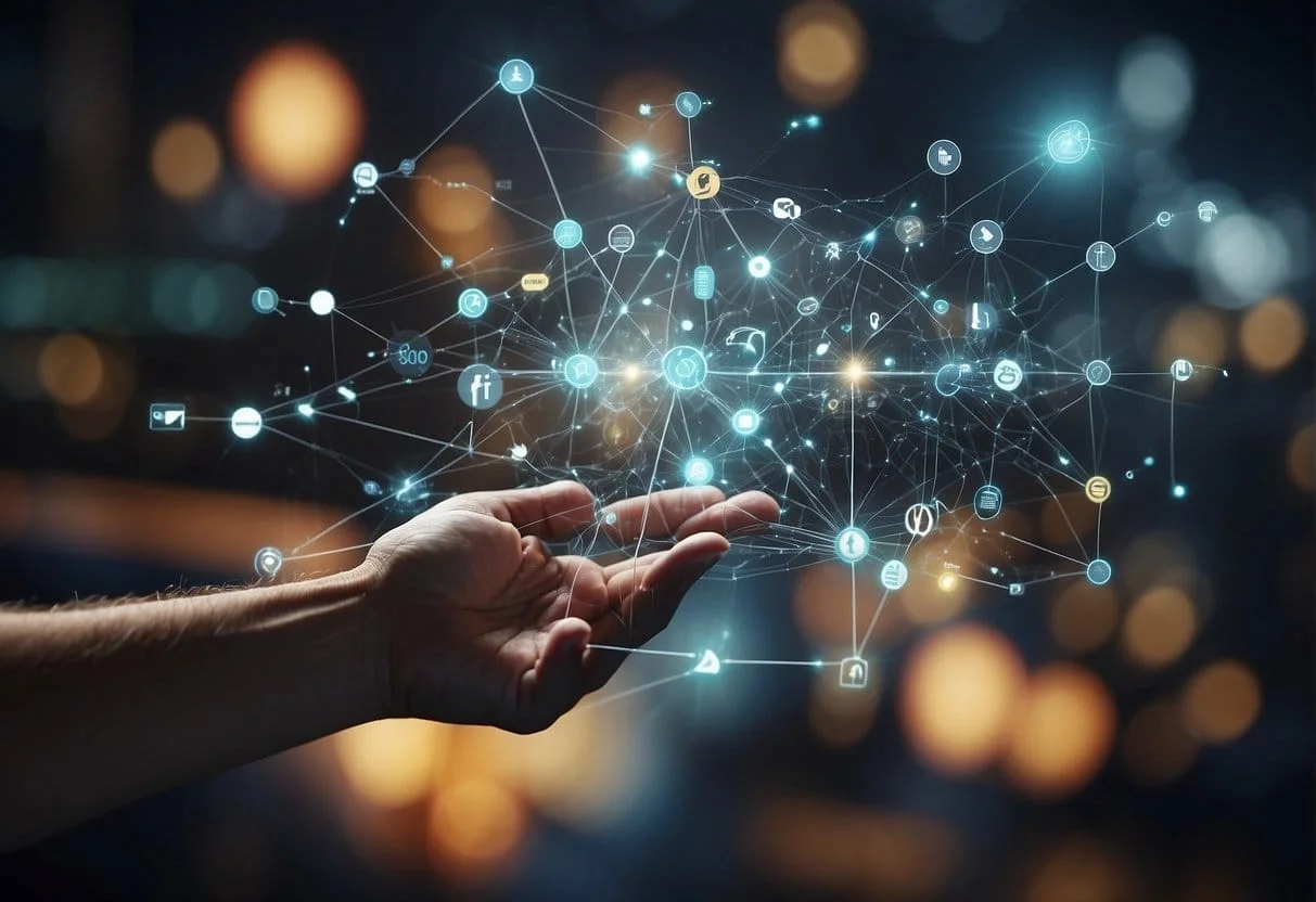 Various touchpoints (e.g. online ads, social media, email) are interconnected in a web-like structure, with arrows indicating the flow of influence and conversion