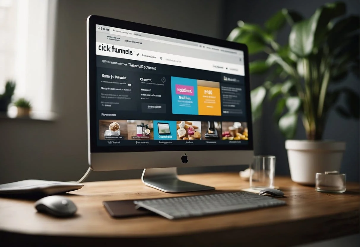 A computer screen displaying a clickfunnels ecommerce website with various product images, a simplified checkout process, and a prominent call-to-action button