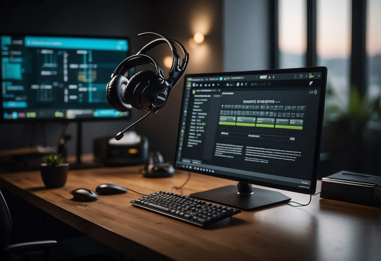 A computer screen displays the Ringba platform with a user logging in. A phone and headset are on the desk, ready for calls