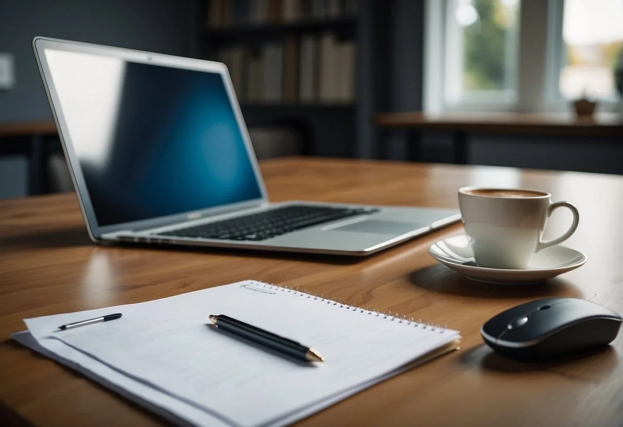 A table with a laptop, notepad, and pen. A stack of envelopes and a mailbox in the background