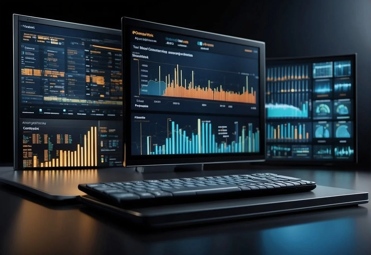 A computer screen displaying various channels and platforms for performance marketing. Graphs and charts show data and analytics