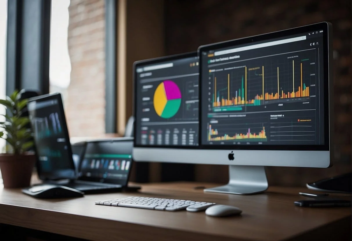 Data analysis tools in use, charts and graphs displayed on a computer screen, with a focus on the Zoho Analytics interface