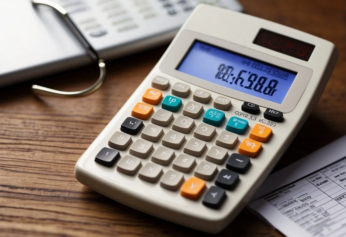 A calculator displaying the formula for calculating conversion rate, surrounded by relevant marketing data and graphs