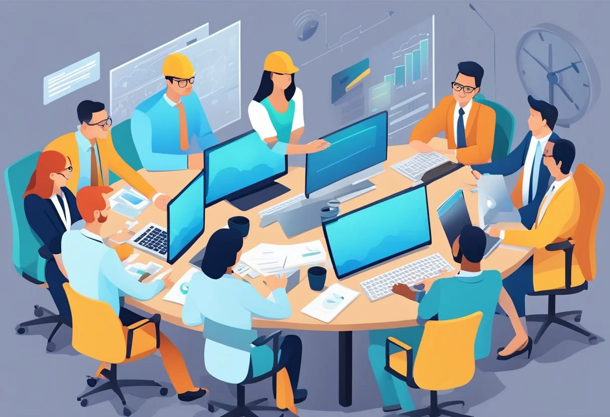 A group of business professionals strategizing and implementing b2b performance marketing campaigns