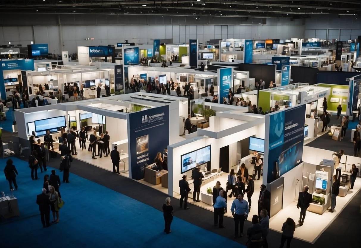 A bustling trade show floor with booths and banners, as sales reps engage in conversations with potential clients