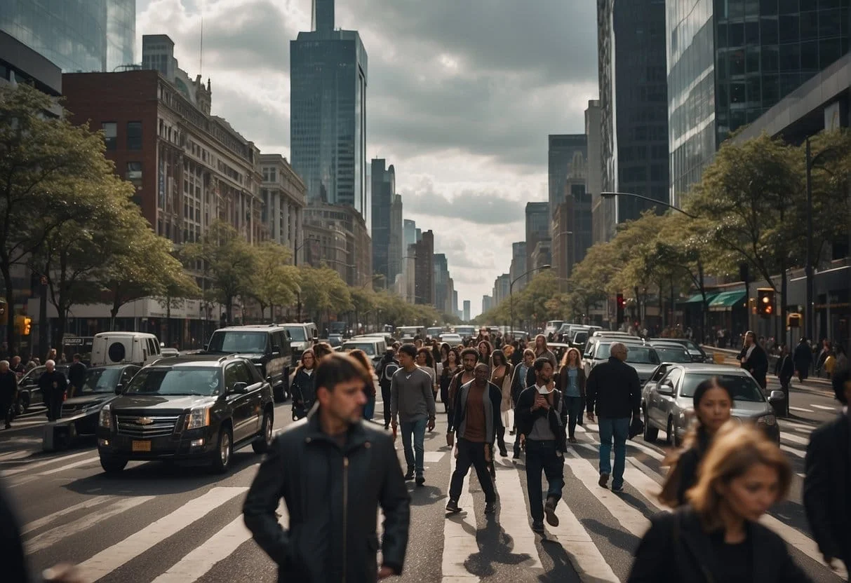 A busy city street with diverse people, traffic, and tall buildings under a cloudy sky