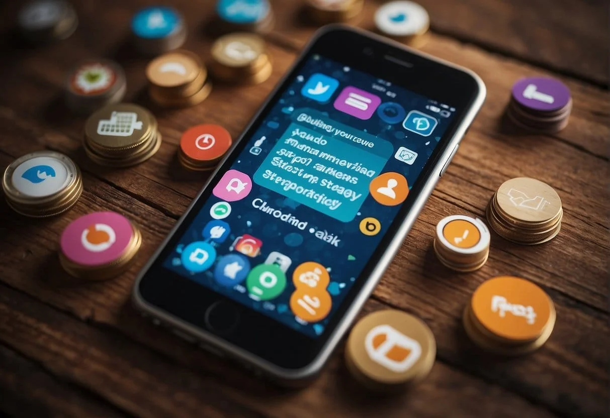 A smartphone displaying a text message with "Building Your SMS Marketing Strategy" on the screen, surrounded by icons representing different marketing tools