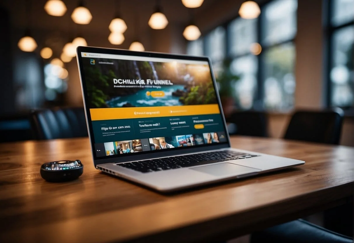 A laptop displaying a clickfunnels webinar with a vibrant and engaging presentation on the screen