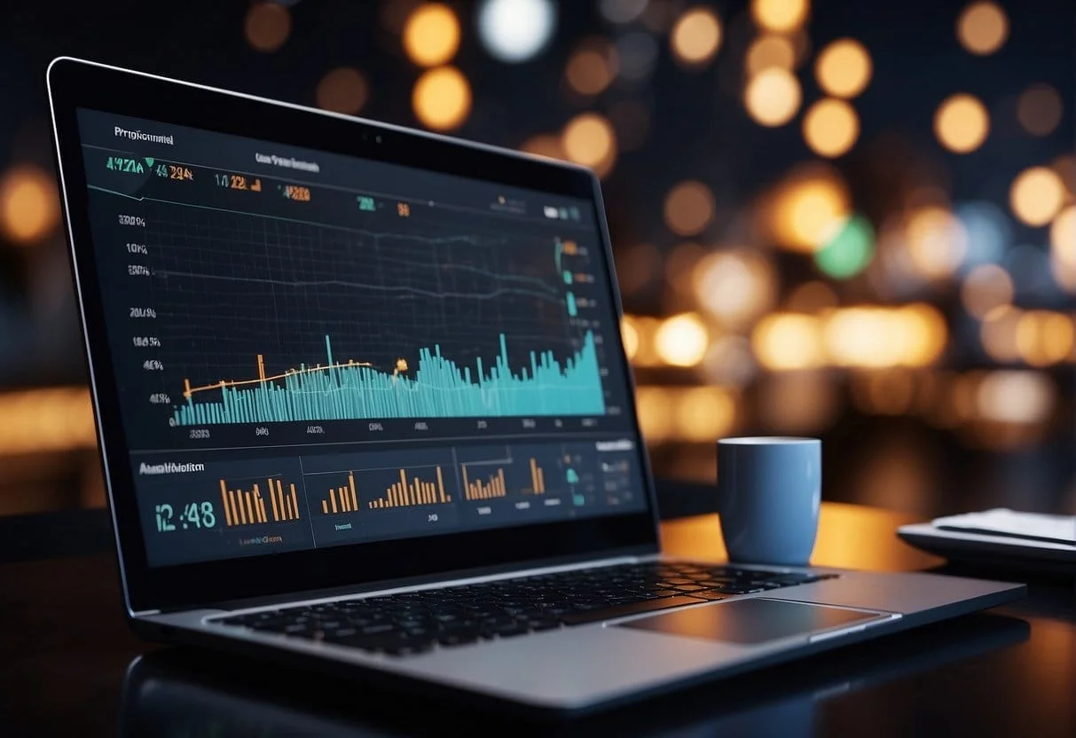 A computer screen displaying a graph of marketing data, with various touchpoints and channels highlighted, representing the process of optimizing marketing efforts through data-driven attribution