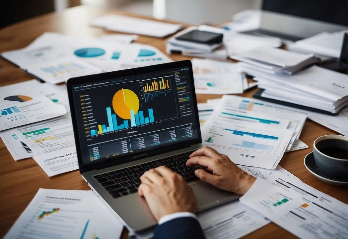 Analyze SEO data on a computer screen with charts and graphs, surrounded by campaign notes and strategy documents