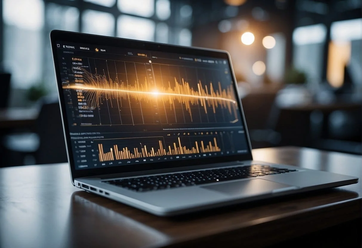 A laptop displaying a captivating b2b video with a logo in the corner, surrounded by marketing materials and analytics charts