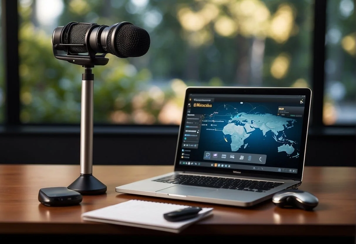 A laptop displaying the WebinarJam interface with a microphone and camera set up, and a notepad with a pen for taking notes